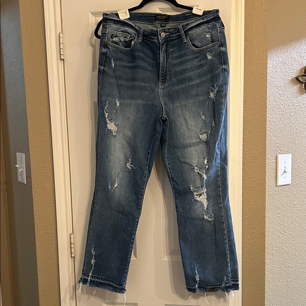 Judy Blue Distressed Straight Leg Jeans - Blue